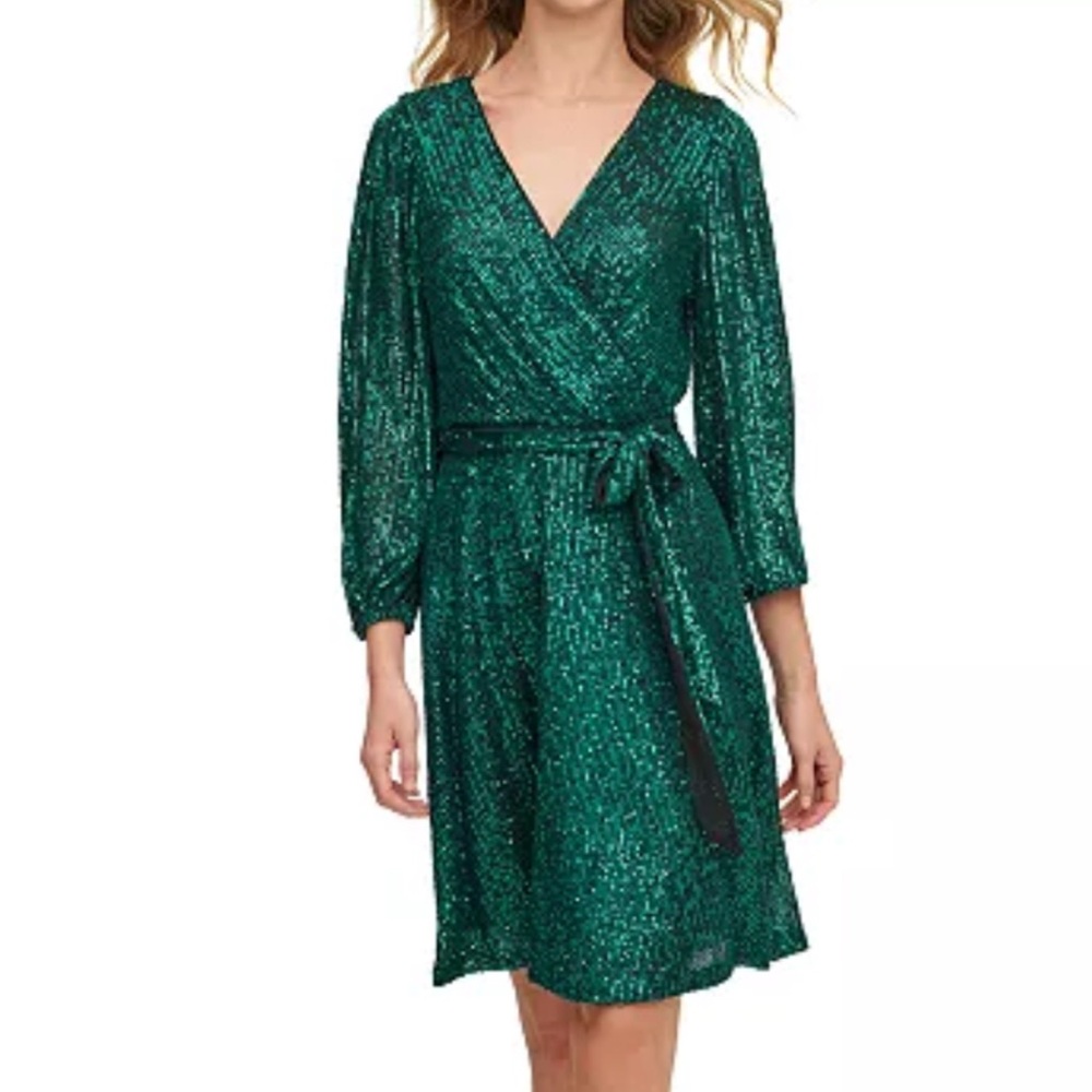 DKNY 3/4 Sleeve Sequin Faux-Wrap Dress